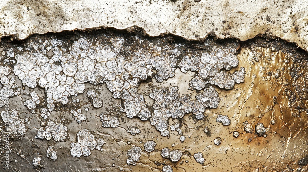 Poster close-up view of a textured surface showing patterns of corrosion and mineral deposits in earthy ton