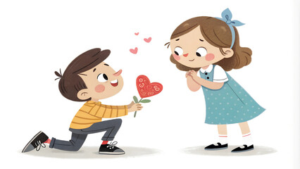 A boy kneeling while offering a heart-shaped flower to a smiling girl surrounded by love.