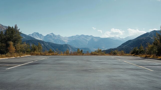 A scenic empty parking lot in the mountains, offering a panoramic view of the surrounding peaks