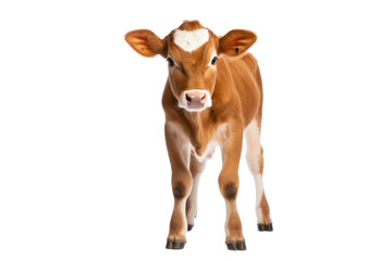 A young cow calf standing alert, ears perked up, with a smooth coat and a curious gaze