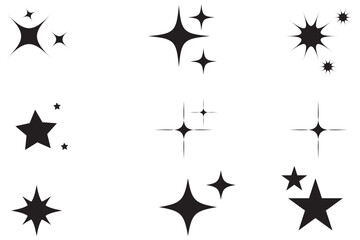 Fototapeta premium Minimalist silhouette stars icon, twinkle star shape symbols. Modern geometric elements, shining star icons, abstract sparkle black silhouettes symbol vector set