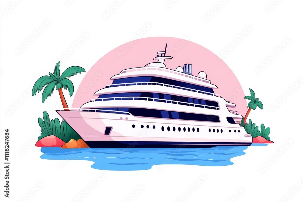 Poster a flat 2d design of a cruise ship in a vibrant ocean setting, drawn with clean lines and bright colo