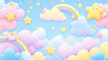 3D pastel, dreamy, ethereal, surreal, magical clouds, stars, rainbows, fairy tale, kawaii, cute dreamland background wallpaper