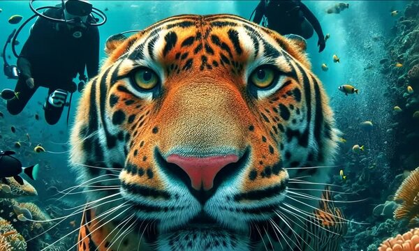 Discovering the astounding underwater world with a tiger amidst vibrant sea life