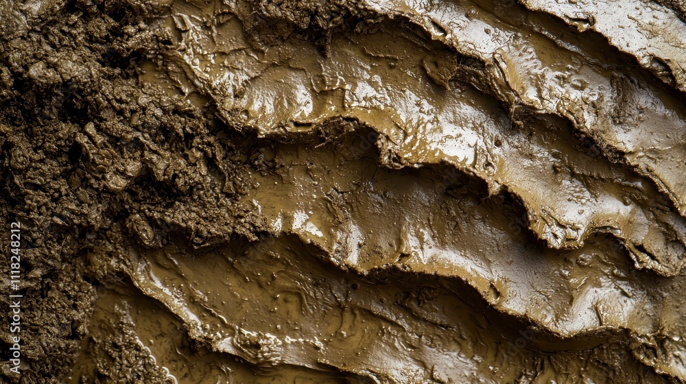 Poster a close-up view of textured, wet clay soil, displaying layered patterns and earthy tones.