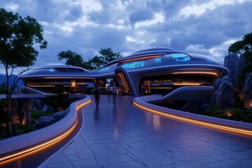 Obraz premium A futuristic community hub with holographic displays, people interacting with virtual maps, and a sleek, glowing design