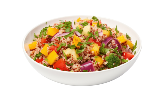 A vibrant quinoa salad packed with colorful vegetables such as diced bell peppers, red onion, and parsley, topped with a lemon wedge. The salad is artistically arranged