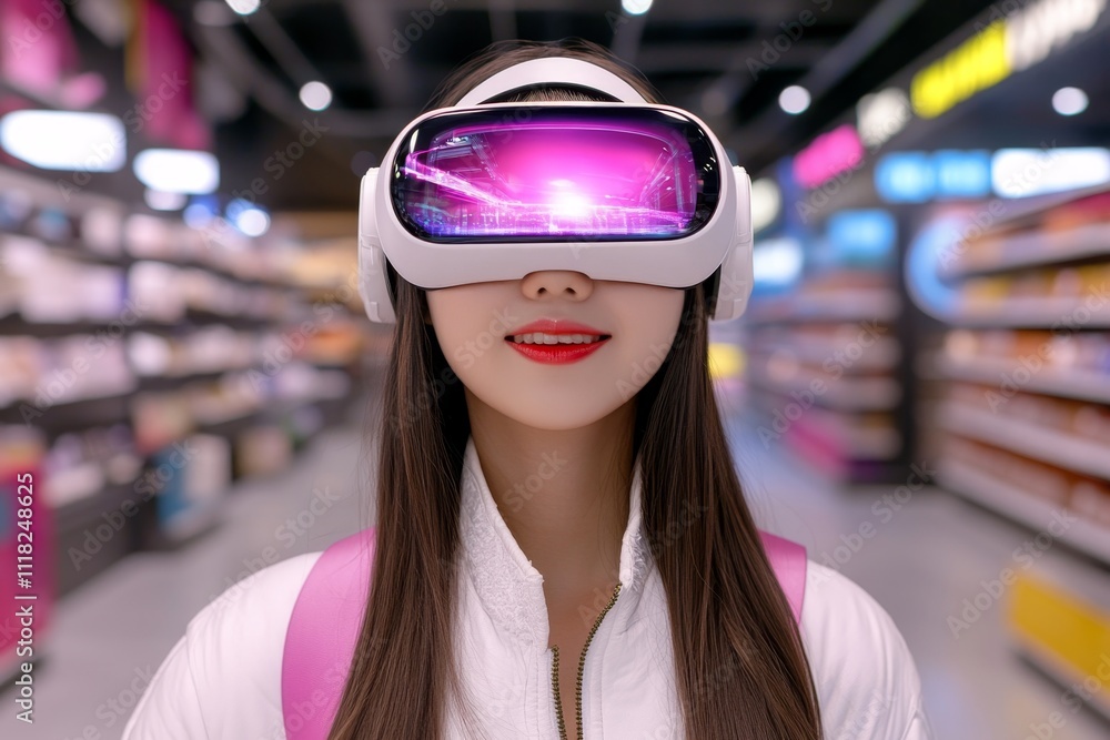 Poster a futuristic customer interacting with a holographic display in a high-tech retail store, surrounded