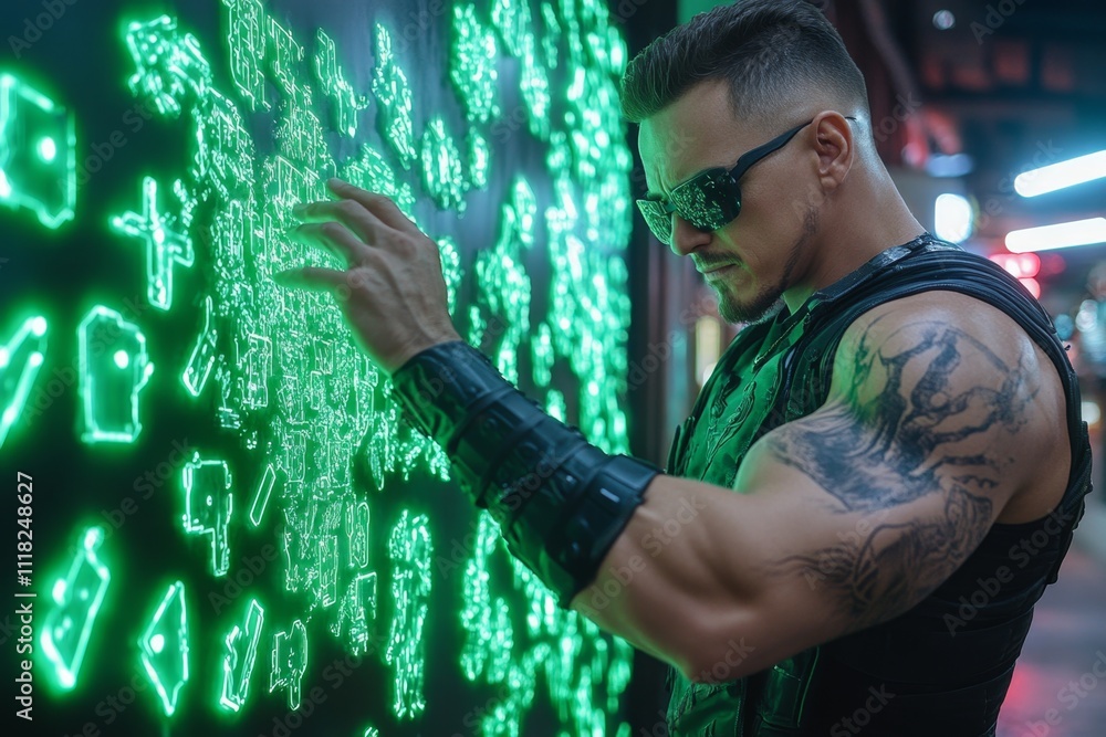 Poster a futuristic customer interacting with a holographic display in a high-tech retail store, surrounded