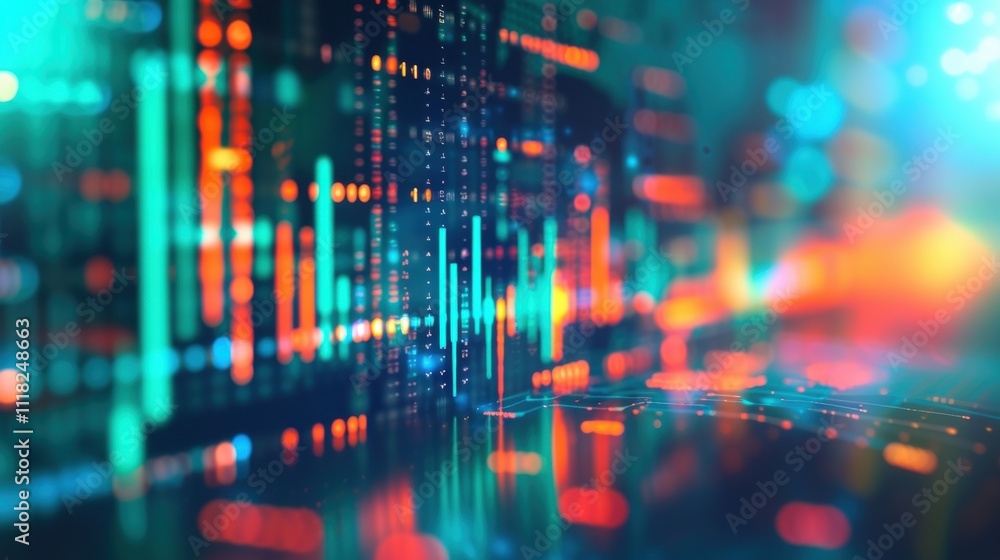 Poster innovative production process is generating glowing digital charts and graphs, representing complex 