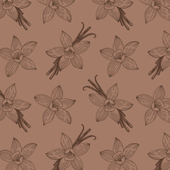 Pattern with flowers and vanilla sticks on mocha mousse background.