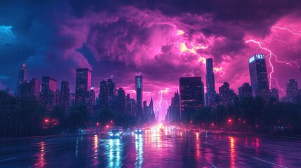 Fototapeta premium Cyberpunk Cityscape with Lightning Storm.