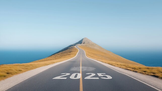 Scenic highway leads uphill towards distant peak journey to 2025. Open road stretches ahead. Sunny day overlooks vast ocean. Rural landscape with golden grasses along way. Pathway signifies progress.