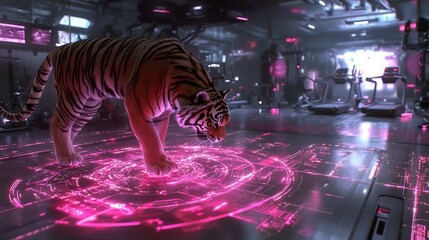 Futuristic Fitness Tiger Instructor Demonstrating Glowing High Tech Workout Equipment
