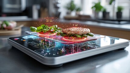 Futuristic Kitchen Scale with Holographic Measurements Floating Above the Surface