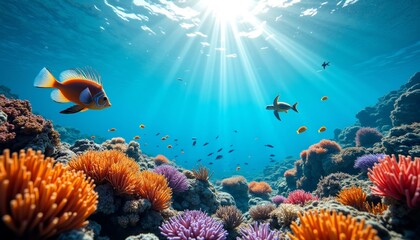 Vibrant underwater scene with colorful corals and fish