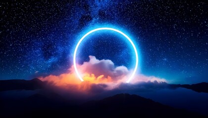 3D Render of Abstract Cloud Illuminated by Neon Light Ring in a Dark Night Sky 