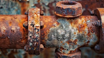 Close-up of a rusted industrial pipe with bolts and corrosion.