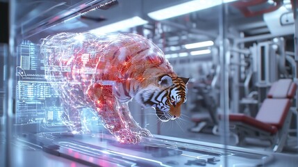 Futuristic Tiger Gym Instructor Demonstrating Glowing Workout Equipment in High Tech Fitness Center