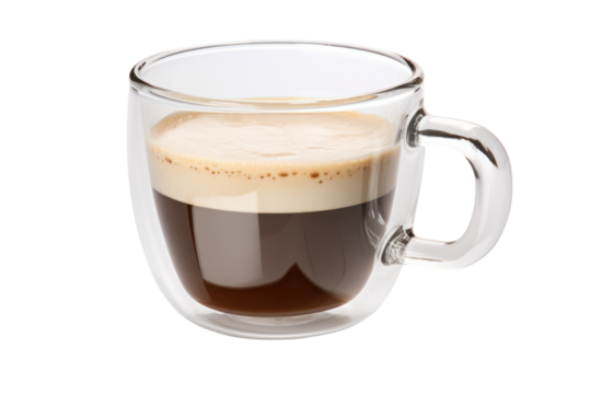 A transparent glass coffee cup with a double-walled design, allowing the viewer to see the aromatic coffee inside. The cup is positioned on a white surface, reflecting light beautifully