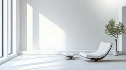 Minimalist white interior with modern chaise lounge and natural light streaming through large windows, accompanied by a green plant for a serene atmosphere.