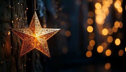 Gold Star Hanging Against a Soft Bokeh Background, Luxurious Design