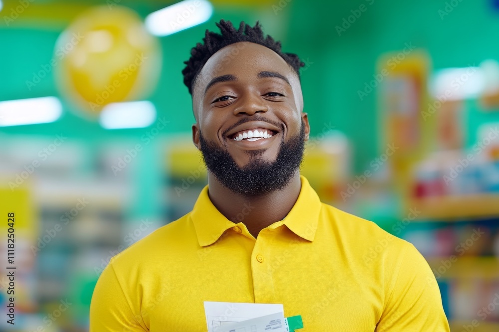 Poster a hyper-realistic close-up of a satisfied customer face, holding a receipt with a glowing smile, wit