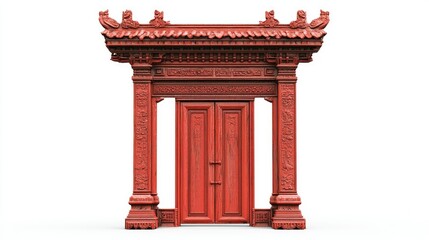 Fototapeta premium A single ornate red ceramic gate with carved details, standing boldly on a white background