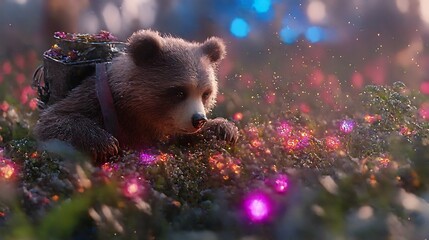 Surreal Neon Lit Bear Farmer Harvesting Glowing Crops in Mystical Autumn Field