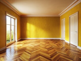 Empty Room, Goldenrod Wall, Parquet Floor, Low Light Photography