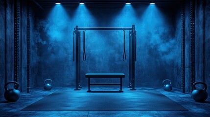 Dark gym interior with blue lighting, pull-up bar, bench, and kettlebells.