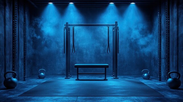 Dark gym interior with blue lighting, pull-up bar, bench, and kettlebells.