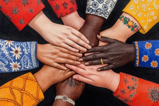A hyper-realistic close-up of hands of different ages and ethnicities stacking together in a gesture of unity and support