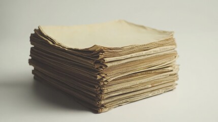 A single pile of folded newspapers with yellowed edges, isolated on a pure white surface for a retro aesthetic