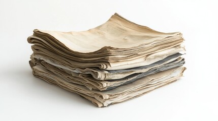 A single pile of folded newspapers with yellowed edges, isolated on a pure white surface for a retro aesthetic