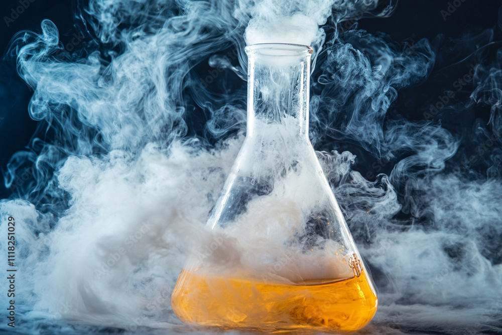 Poster colorful liquid in a flask surrounded by vapor in a laboratory setting