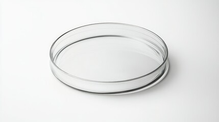 A single round petri dish viewed from the side, empty and clear, resting on a white background