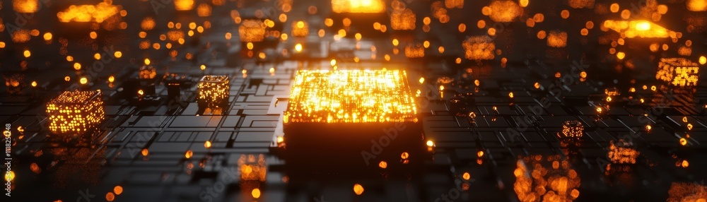 Poster ai-powered quantum computing revolution glowing chips in holographic display tech lab futuristic env