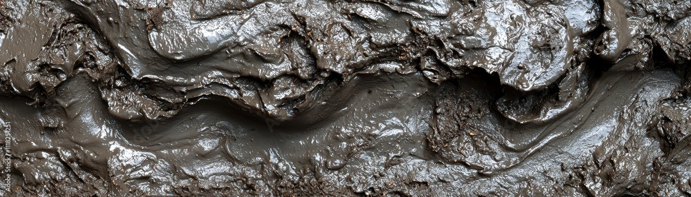 Poster a close-up view of wet, dark mud with swirling patterns, highlighting its texture and sheen in natur