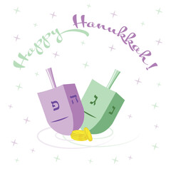 Happy Hanukkah greeting card with two traditional dreidels and a starry background