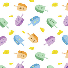 Festive Hanukkah seamless pattern with colorful dreidels and  coins on a white background
