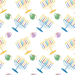 Happy Hanukkah with traditional hanukkiyah and a oil jar seamless pattern on a white background