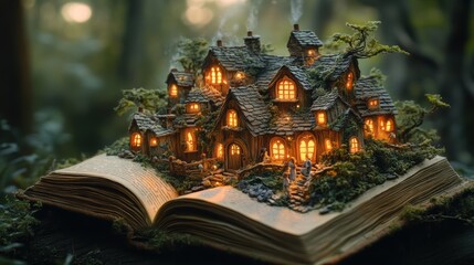 Obraz premium Miniature village emerges from open storybook with glowing windows