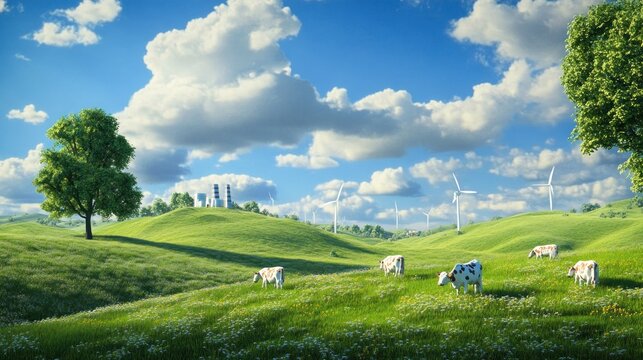 Rolling hills with cows and modern energy wind turbines.