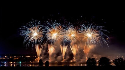 Colorful fireworks display over a city skyline at night.