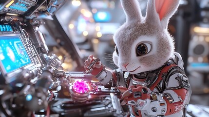 Rabbit Jeweler Crafting Glowing Gemstone Rings in Futuristic Workshop