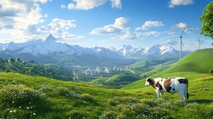 Cow with wind turbines in lush valley snowy mountains