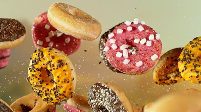 Super Slow Motion of Flying Tasty Donuts with camera movement. Filmed on high speed cinema camera, 1000 fps.