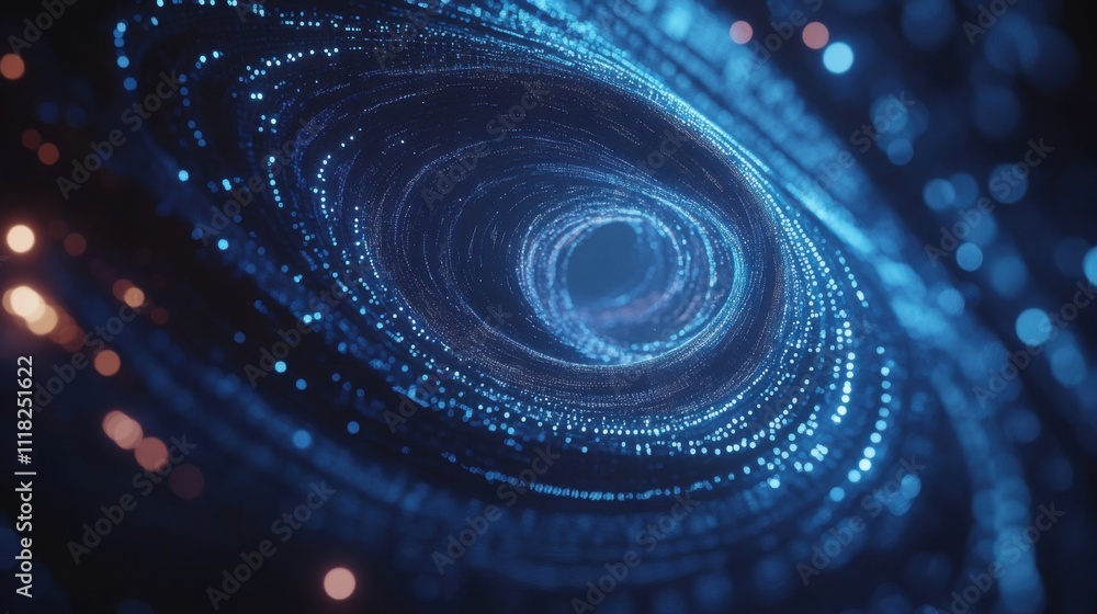 Poster a captivating vortex made of a data matrix appears to spiral inward, illuminated by vibrant blue and