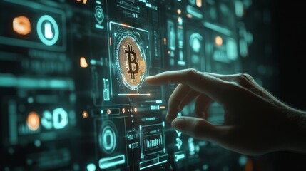 Fototapeta premium Hand interacting with a futuristic digital interface displaying a Bitcoin cryptocurrency symbol.